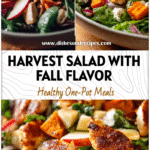Colorful Chicken & Apple Harvest Salad with sweet potatoes, greens, and apples served as a Fall Dinner Salad.